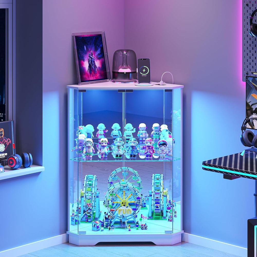 Lighting & Home Decor Studio - 2-stöckige Glasvitrine mit LED-Beleuchtung und Ladestation