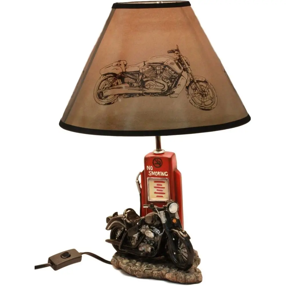 Lightings Decoration - Vintage Retro Schwarze Motorrad-Benzinpumpen-Tischlampe mit Lampenschirm,
